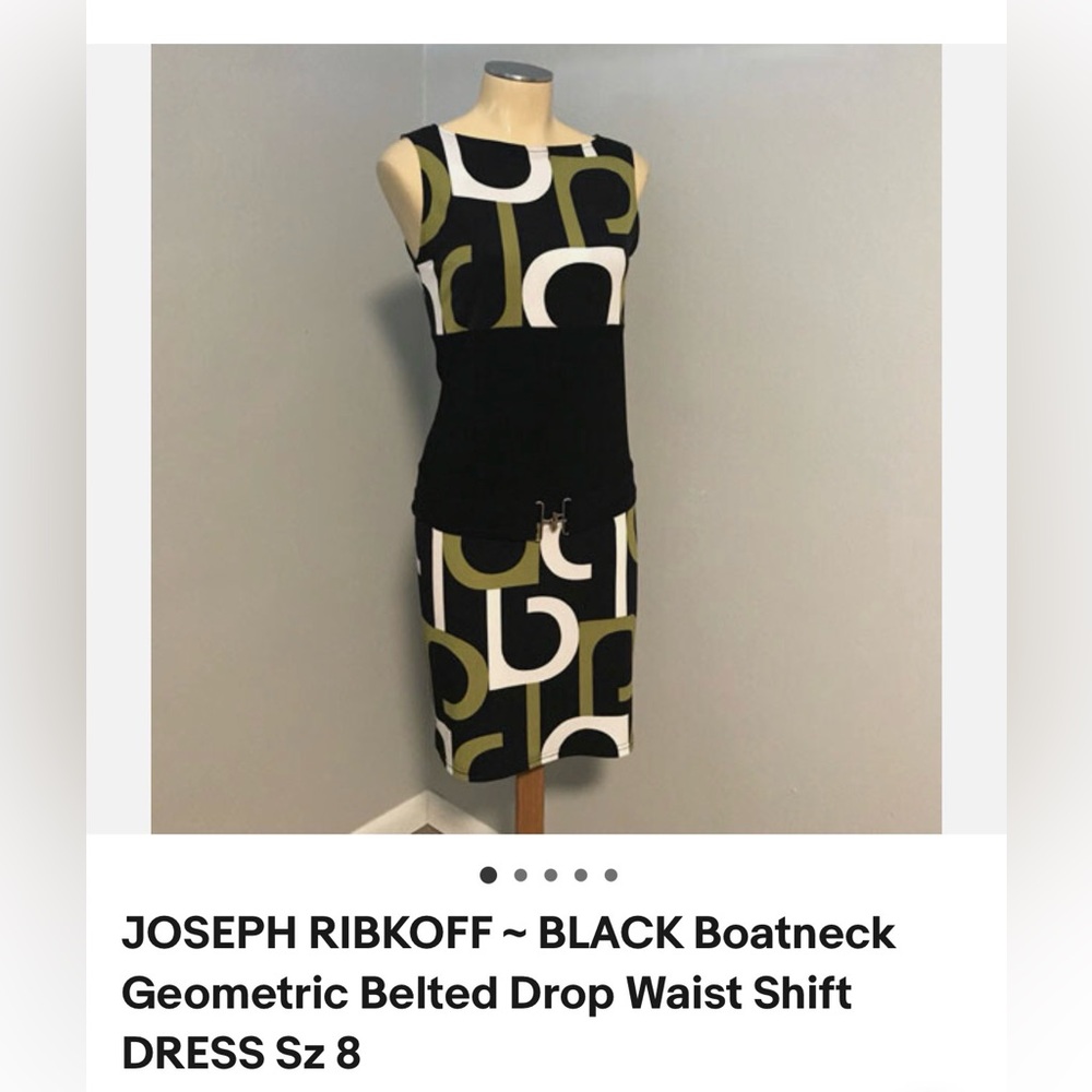 Joseph Ribkoff Black, Olive & White Geometric Belted Midi Dress